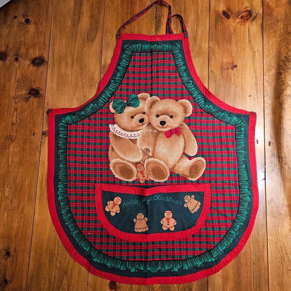 Vintage Christmas Apron Teddy Bears Gingerbread Cookies Plaid Holiday Hugs